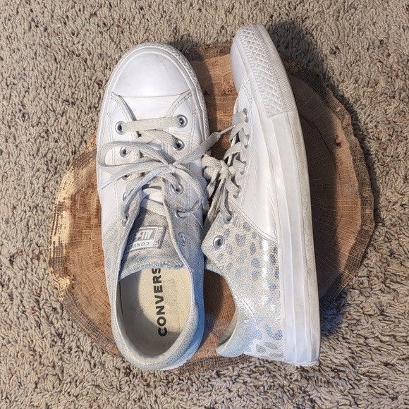 CONVERSE ALL STARS Silver Sparkle White Cheetah Print Leather Sneakers - Picture 1 of 11